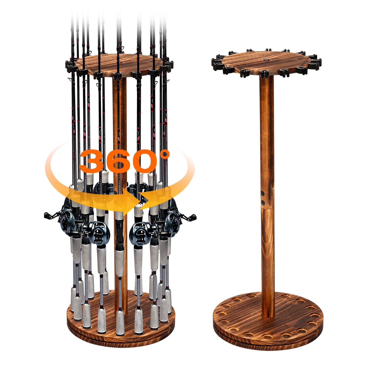 Fishing Rod Pod - 丸型炭化木材製釣り竿ホルダー回転式ディスプレイスタンド釣り竿用収納ラック家庭用ショップオーガナイザー